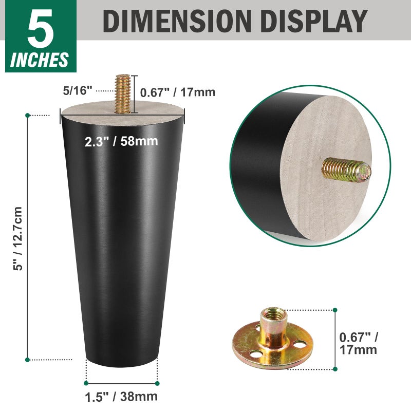 FoDau770 Black Rubber Wood Furniture Legs 5 Inches, Straight Tapered Wood Feet Mid Century Sofa Legs Set of 4, 5/16"" UNC Furniture Feet Replacement Parts for Cabinet Couch Dresser Chair Ottoman Table - Image 3